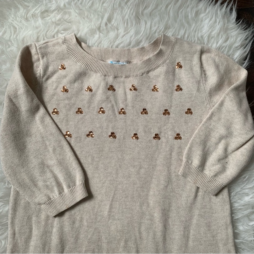 Girls rhinestone cotton sweater dress Oatmeal cotton knit w/ amber gems